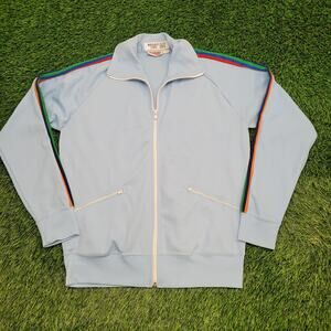 Vintage 80s MOD Stripes Track Jacket Womens Large 21x26 Blue